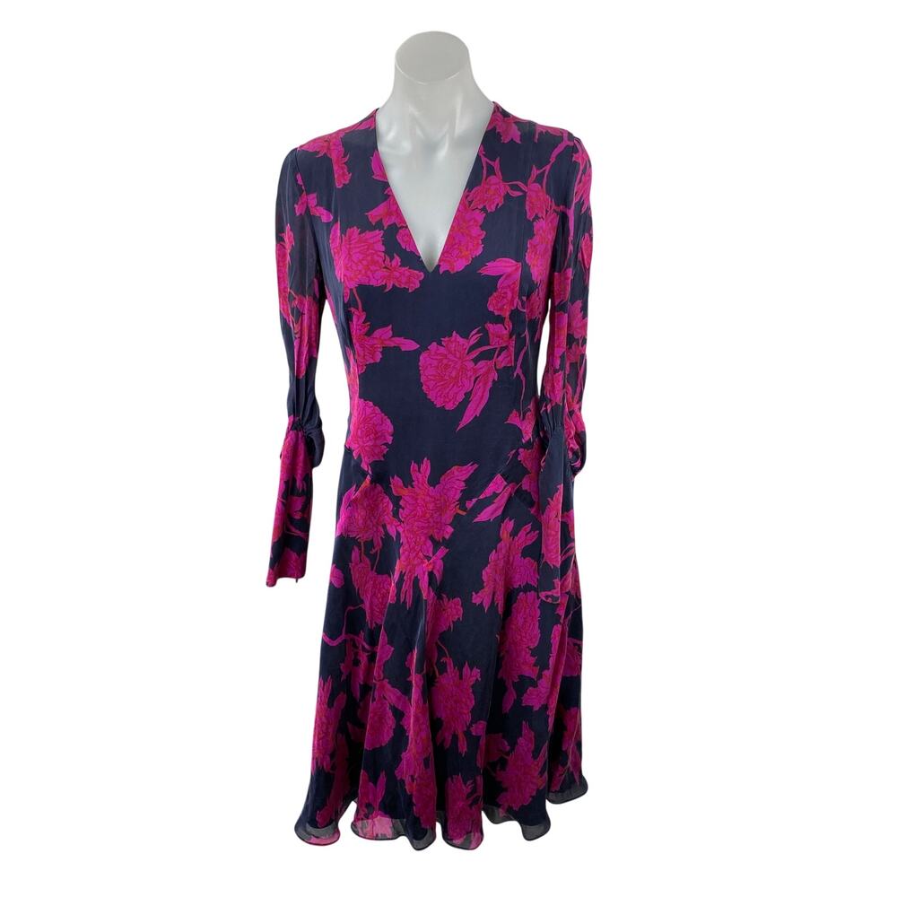 L.K. Bennett Navy Blue Pink Floral Long Sleeve V Neck A Line Midi Dress Size 6